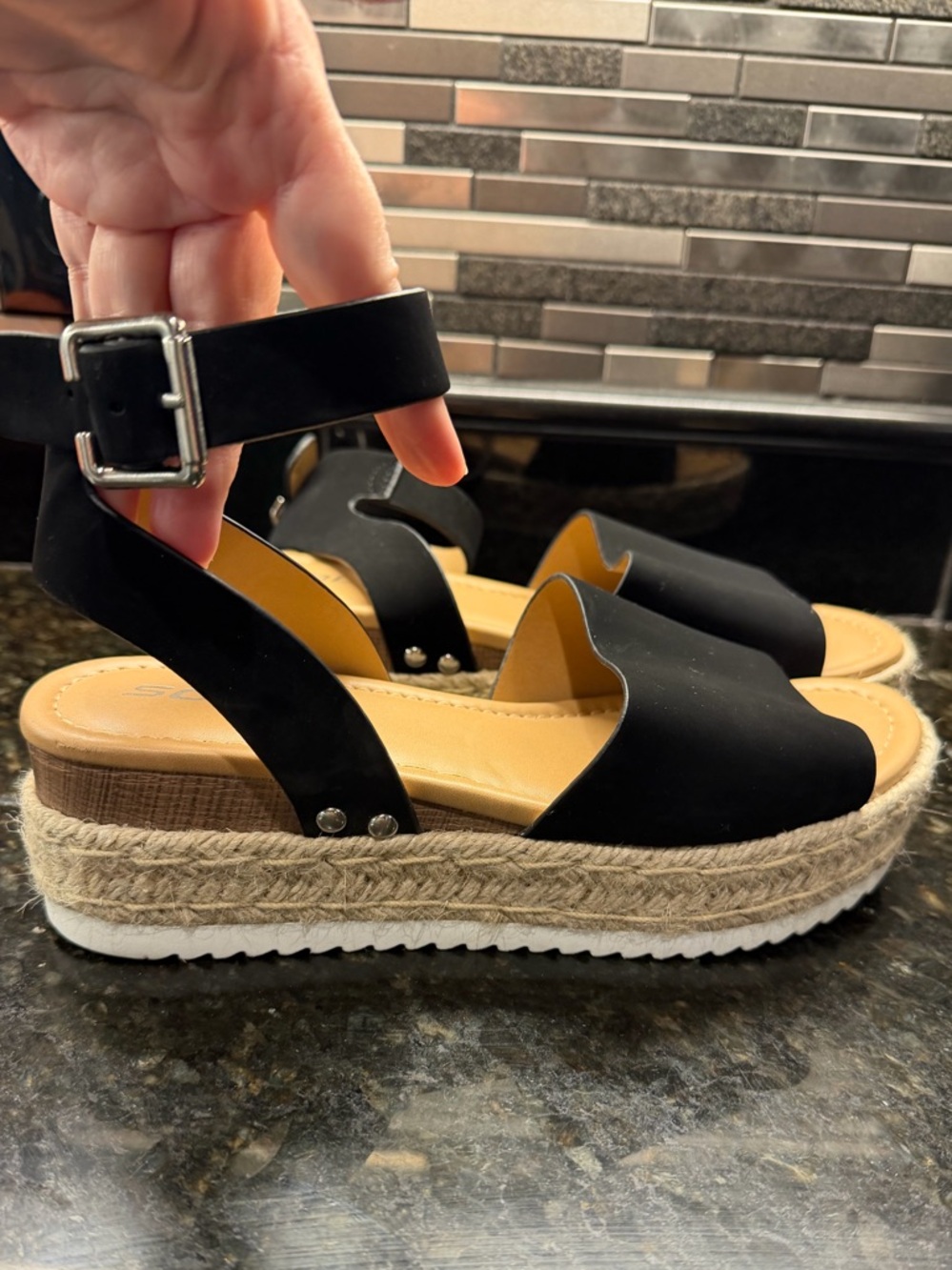 Soda Black Espadrille Platform Sandals with Ankle Buckle